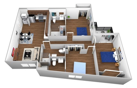 Floor plan for 3 beds, 3 baths, 977 sqft